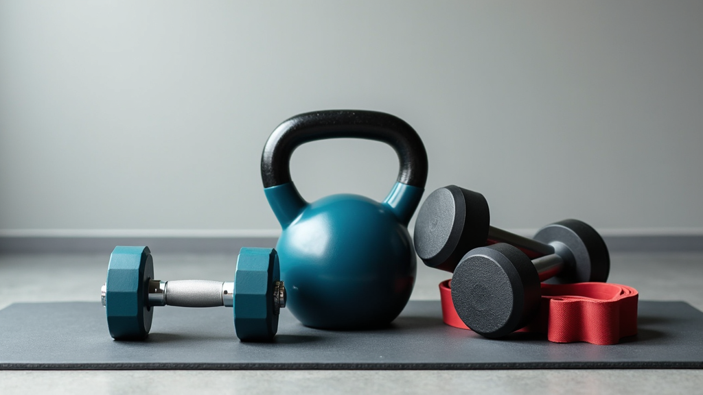 Dumbbells, kettlebell, and resistance bands on gym floor