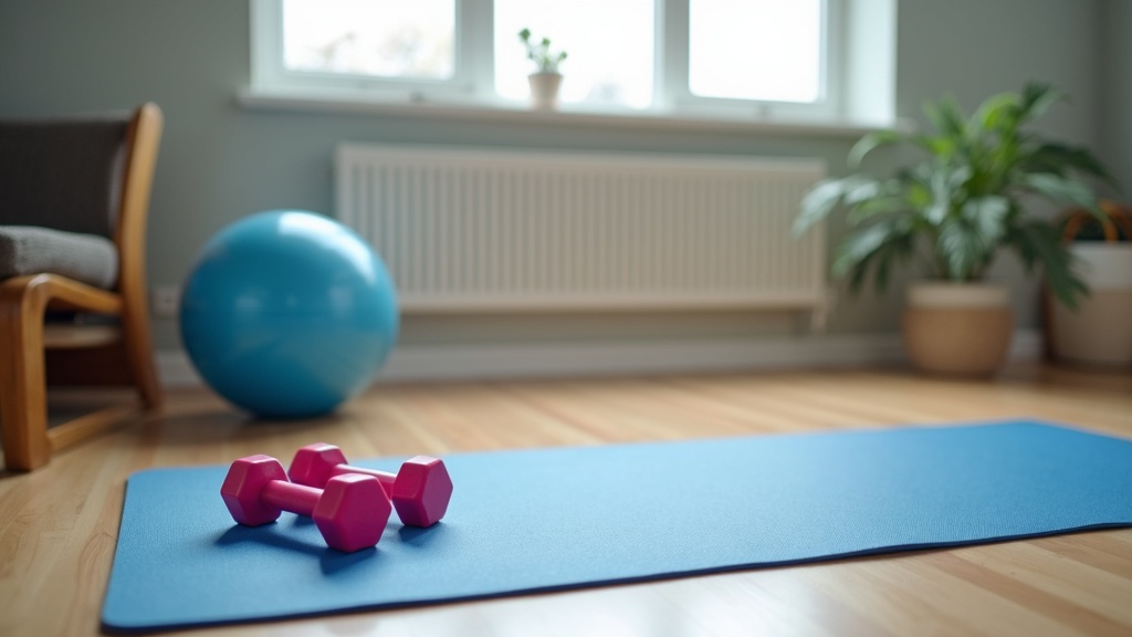 Balance training tools on wooden floor with exercise mat, dumbbells, and stability ball.
