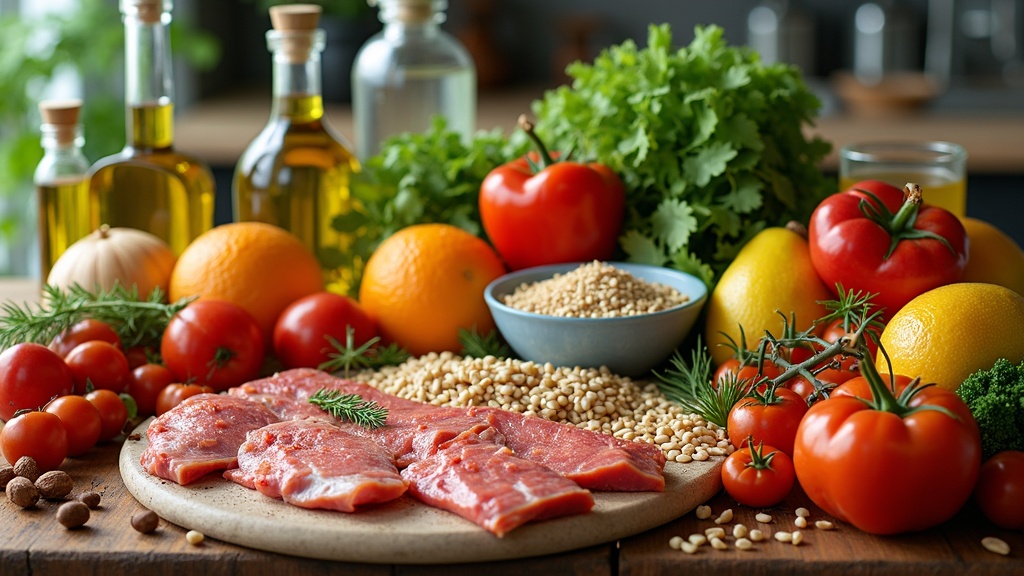 Colorful array of nutritious foods including fruits, vegetables, whole grains, and lean proteins