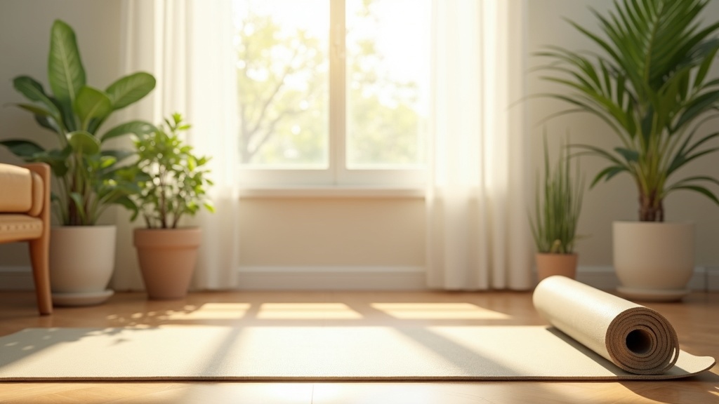 A calm morning living room with yoga mat, comfy cushions, potted plants, and a window showing gentle light.