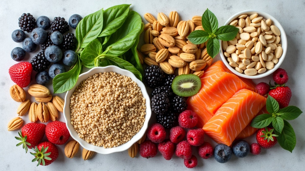 Colorful assortment of superfoods arranged on a neutral background