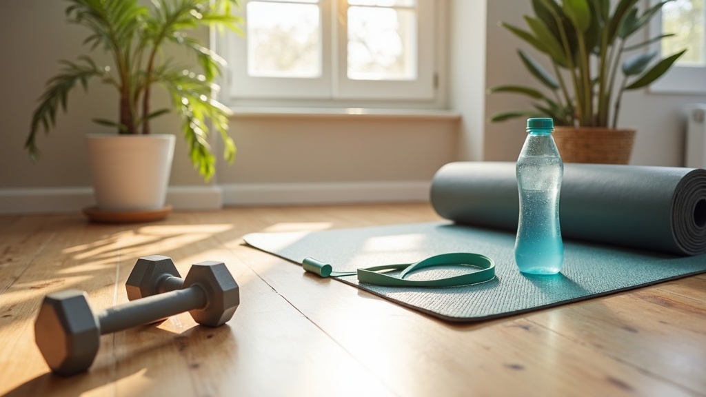 Dumbbells, exercise mat, resistance bands, and water bottle arranged on a wooden floor