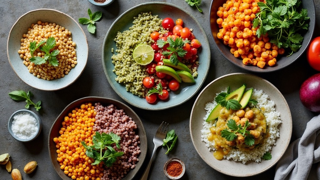 Five clean, colorful meals made with superfoods, each featuring less than five ingredients, arranged on a rustic table with fresh produce and simple kitchenware.